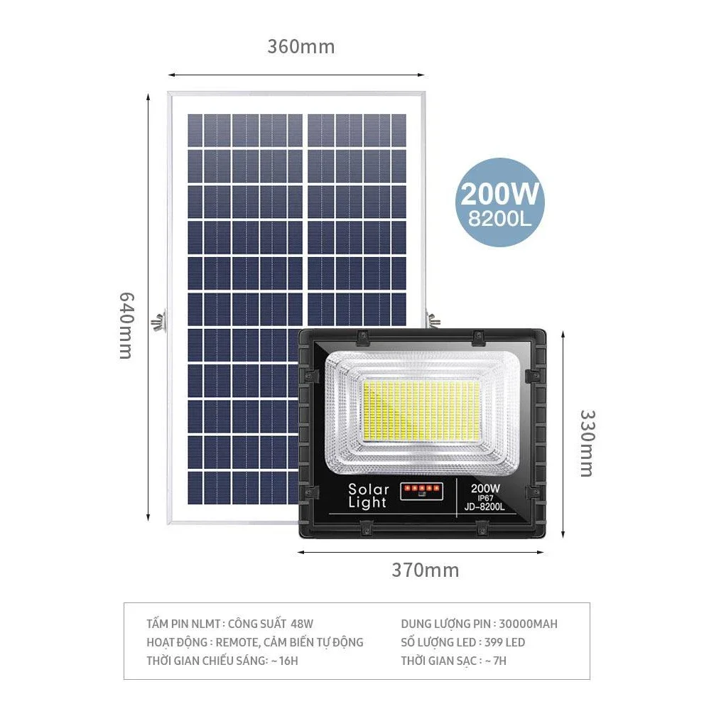 Đèn năng lượng mặt trời JD-8200L 200W chính hãng HATI SOLUTIONS