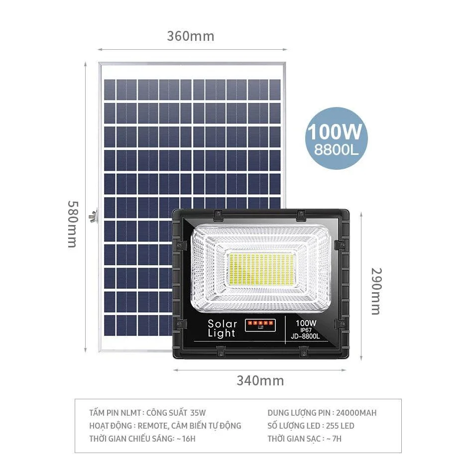 Đèn năng lượng mặt trời JD-8800L 100W chính hãng HATI SOLUTIONS